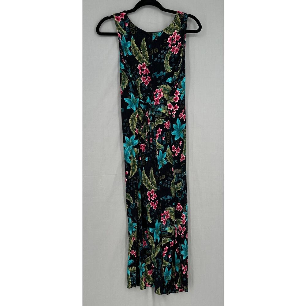 90s Vintage Dress Womens Medium Black Floral Maxi Colorful Pink Tropical Boho - Picture 3 of 7